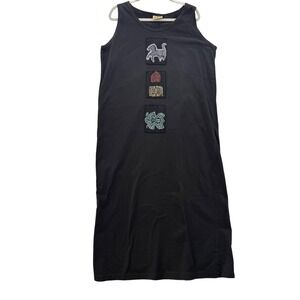 Vintage Blue Cactus Maxi Dress Sleeveless Embroidered Patchwork Casual Black XL